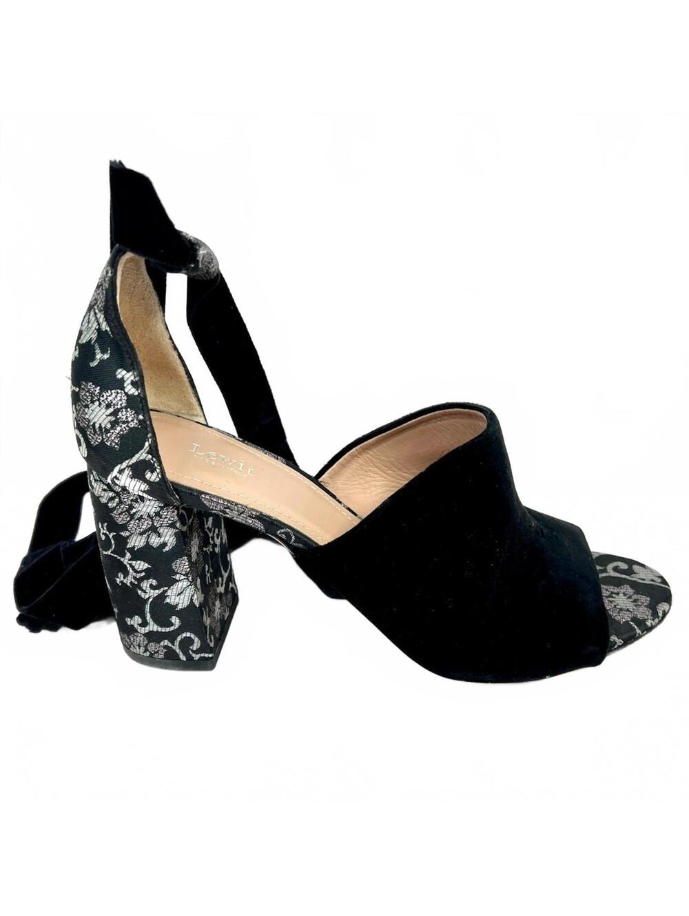 LEWIT Women's Size 9 Black Floral Velvet Tie Wrap Open Toe Block Heels Shoes